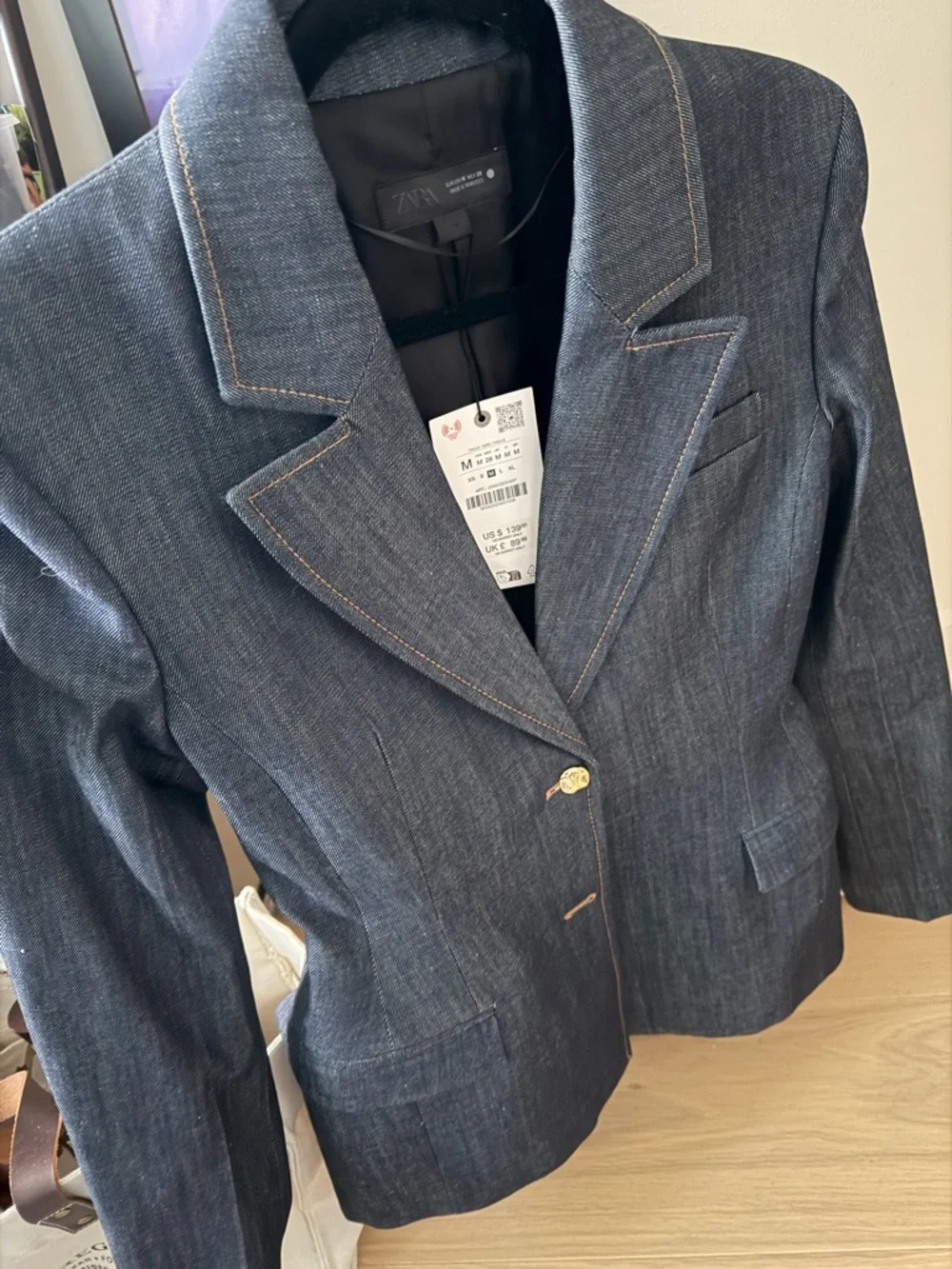 Zara Dark Indigo Denim Blazer with Gold Buttons - Picture 3 of 7